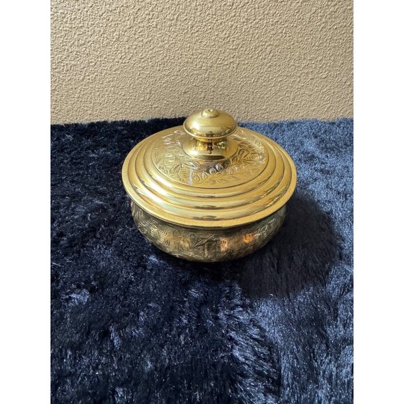 Vintage Brass & Stainless Steel Engraved Storage Bowl With Lid Made In India 734 - Picture 1 of 7